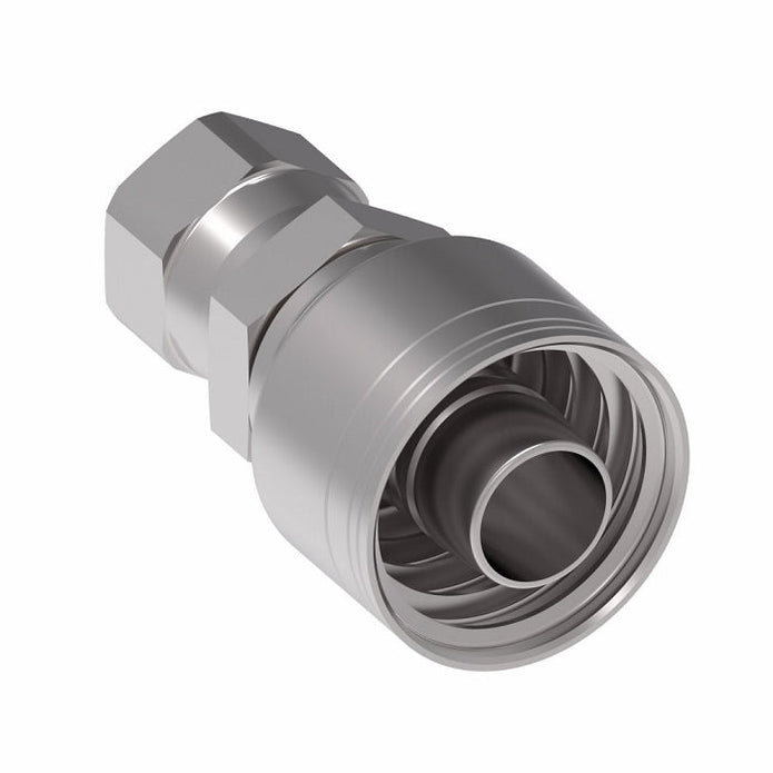1AA6FJ4TZ Aeroquip by Danfoss | 1 & 2 Wire TTC Female JIC 37° Swivel (FJ) Crimp Fitting | -06 Female JIC 37° Swivel x -04 Hose Barb | Zinc-Nickel Plated Steel