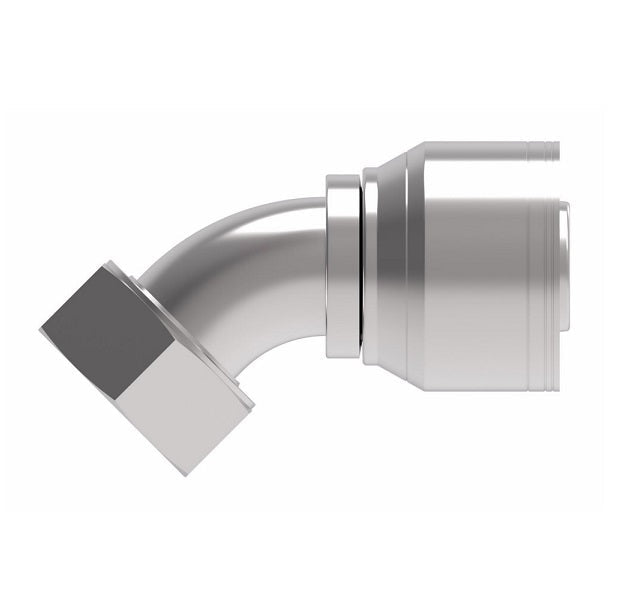 1AA24FRA24 Aeroquip by Danfoss | 1 & 2 Wire TTC Female ORS Swivel 45° Elbow (FRA) Crimp Fitting | -24 Female O-Ring Face Seal Swivel  x -24 Hose Barb | Steel