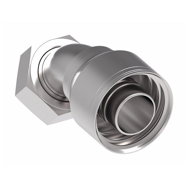 1AA24FRA24 Aeroquip by Danfoss | 1 & 2 Wire TTC Female ORS Swivel 45° Elbow (FRA) Crimp Fitting | -24 Female O-Ring Face Seal Swivel  x -24 Hose Barb | Steel