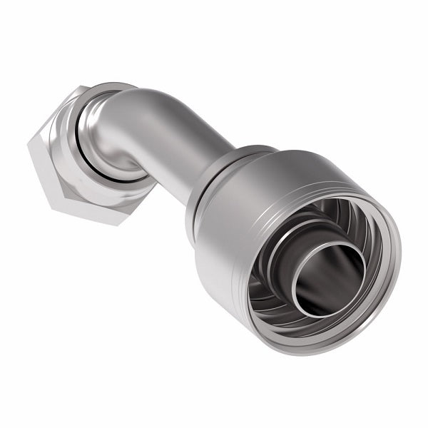 1AA16FRA20 Aeroquip by Danfoss | 1 & 2 Wire TTC Female ORS Swivel 45° Elbow (FRA) Crimp Fitting | -16 Female O-Ring Face Seal Swivel x -20 Hose Barb | Steel