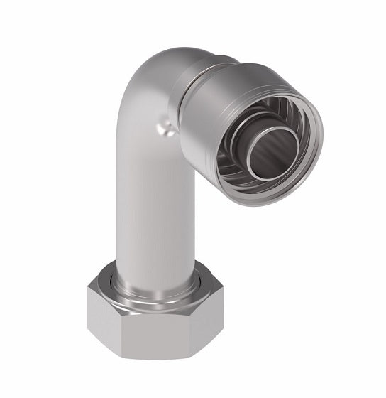 1AA24FRC20 Aeroquip by Danfoss | 1 & 2 Wire TTC Female ORS Swivel 90° Long Drop Elbow (FRC) Crimp Fitting | -24 Female O-Ring Face Seal Swivel x -20 Hose Barb | Steel