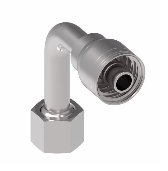 1AA4FRC4 Aeroquip by Danfoss | 1 & 2 Wire TTC Female ORS Swivel 90° Long Drop Elbow (FRC) Crimp Fitting | -04 Female O-Ring Face Seal Swivel x -04 Hose Barb | Steel