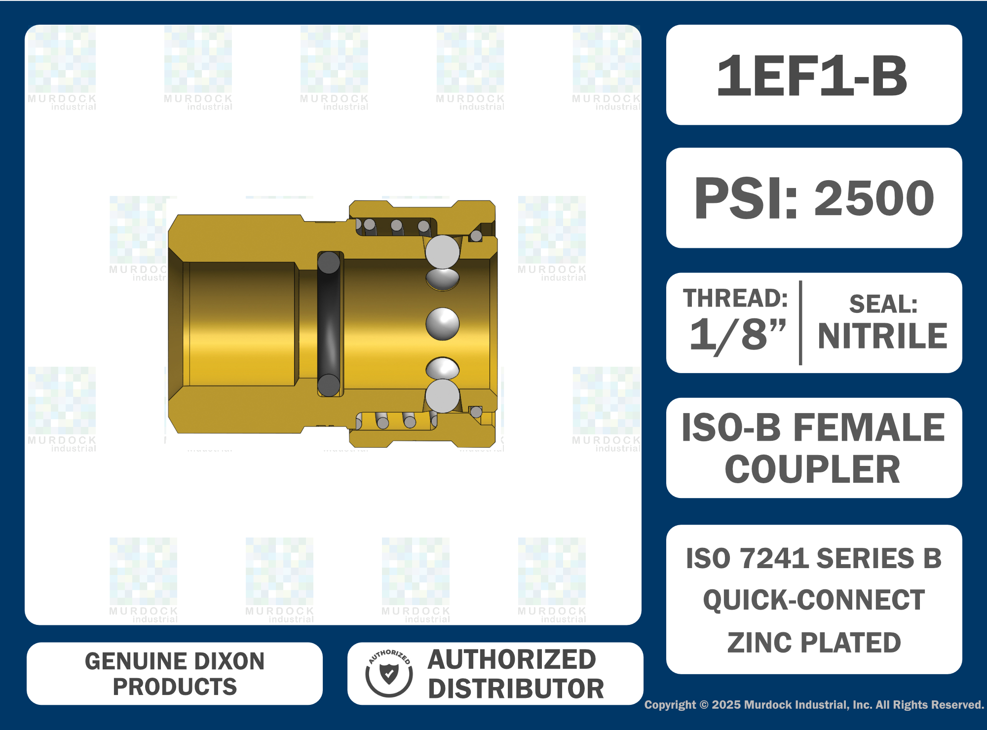1EF1-B by Dixon Valve | Hydraulic Quick Disconnect Coupling | E-Series | 1/8" Female NPTF x 1/8" Straight-Through Interchange | Socket | Nitrile Seal | Brass
