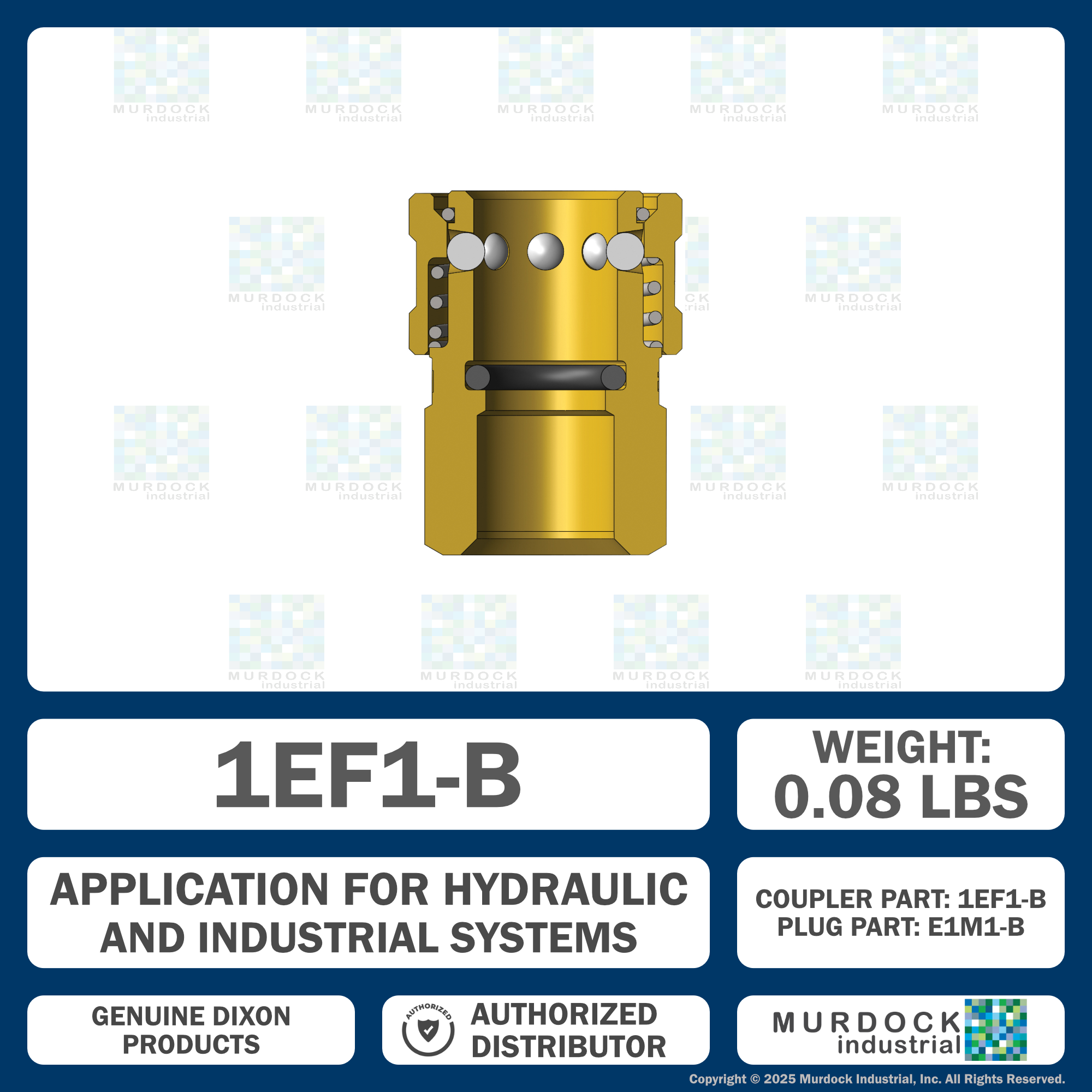 1EF1-B by Dixon Valve | Hydraulic Quick Disconnect Coupling | E-Series | 1/8" Female NPTF x 1/8" Straight-Through Interchange | Socket | Nitrile Seal | Brass