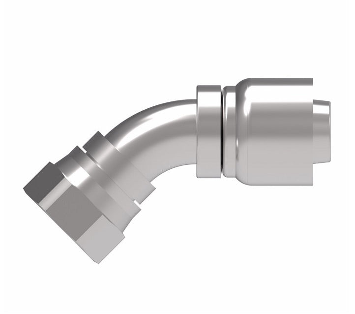 1GA20FJA20 Aeroquip by Danfoss | 1 & 2 Wire OTC Female JIC 37° Swivel 45° Elbow (FJA) Crimp Fitting | -20 Female JIC 37° Swivel x -20 Hose Barb | Steel