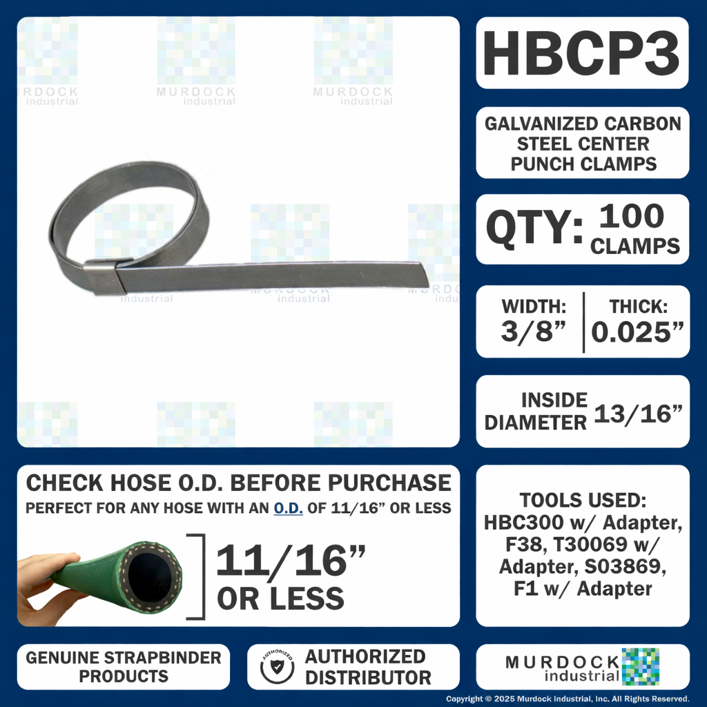 HBCP3 by Strapbinder | Center Punch Clamp | 13/16" ID | 3/8" Width | .027" Thickness | Galvanized Carbon Steel | Box of 100