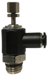 20788C by Midland | Push-In Fitting | Flow Control Meter Out | 3/8" Tube OD x 3/8" Male NPT | 90° Elbow | Composite Body