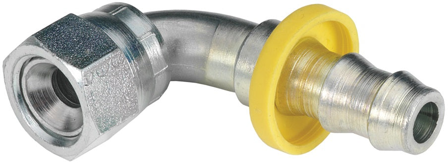 2890407CSAE by Dixon Valve | Push-On Hose Barb Fitting | Female 45° SAE Swivel | 90° Elbow | 1/4" Tube OD | 1/4" Hose ID x 1/4" Female JIC | Plated Steel