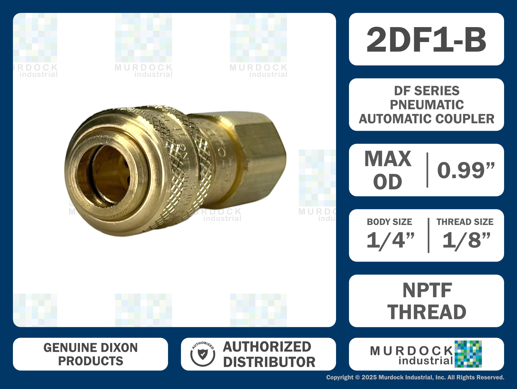 2DF1-B by Dixon Valve | Pneumatic Quick Disconnect Coupling | D-Series | 1/8" Female NPTF x 1/4" Automatic Industrial Interchange | Socket | Nitrile Seal | Brass