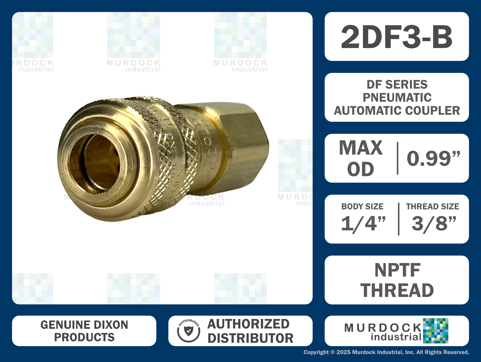 2DF3-B by Dixon Valve | Pneumatic Quick Disconnect Coupling | D-Series | 3/8" Female NPTF x 1/4" Automatic Industrial Interchange | Socket | Nitrile Seal | Brass