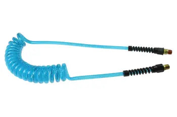 PUE14-10A-T by Coilhose | Flexeel® Reinforced Coiled Air Hose | 1/4" Hose ID x 3/8" Hose OD | 1/4" Male NPT Rigid/Swivel Reusable Strain Relief Fittings | Transparent Blue | Polyurethane | 10ft