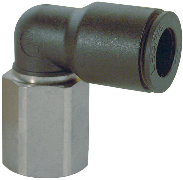 30090814 by Dixon Valve | Legris Push-In Fitting | Female Connector | 90° Elbow | 5/16" Tube OD x 1/4" Female NPT | Nylon / Nickel-Plated Brass