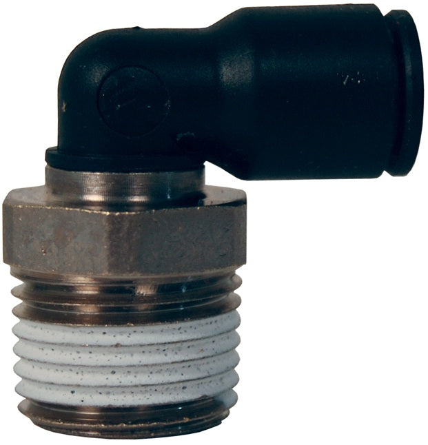31090410 by Dixon Valve | Legris Metric Push-In Fitting | Male Connector | 90° Elbow | 4mm Tube OD x 1/8" Male BSPT | Nylon / Nickel-Plated Brass