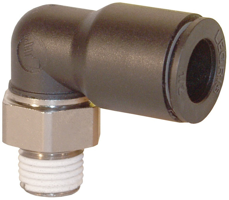 31095311 by Dixon Valve | Legris Push-In Fitting | Male Connector | 90° Elbow | 1/8" Tube OD x 1/8" Male NPT | Nylon / Nickel-Plated Brass