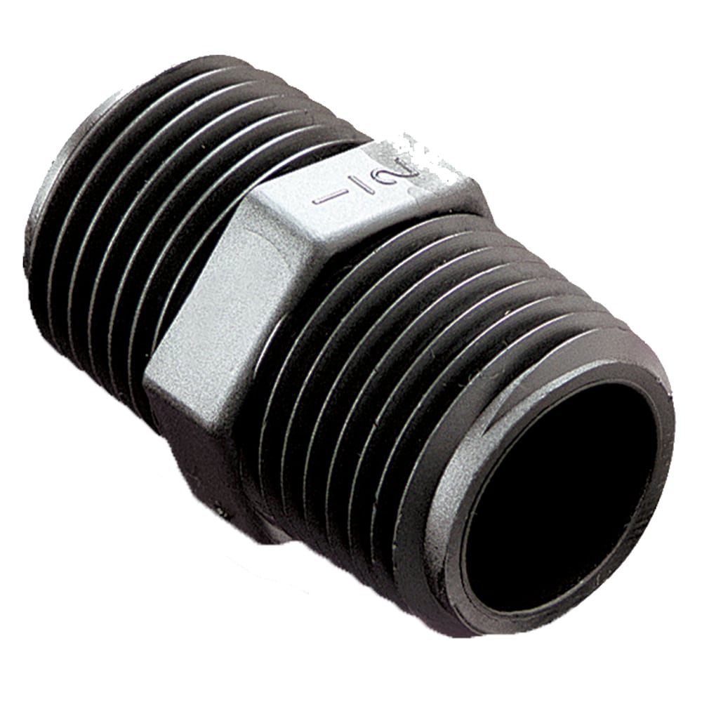 316P-2PP by Parker | Pipe Fitting | 1/8" Male NPT Pipe Thread x 1/8" Male NPT Pipe Thread | 7/16" Hex | .99" Length | Straight | Black | Polypropylene