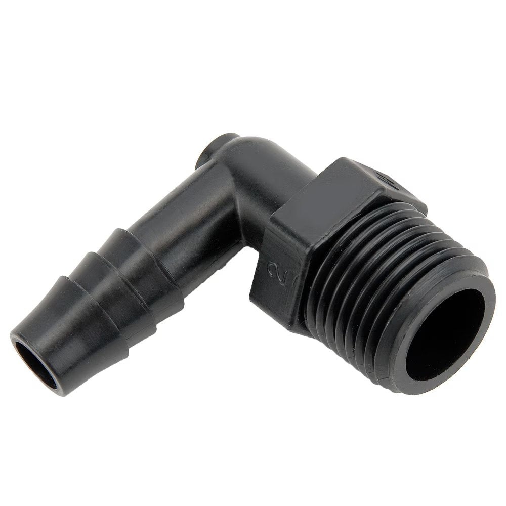 329HB-6-8PP by Parker | Threaded Fitting | 3/8" Barb x 1/2" Male NPT Pipe Thread | 7/8" Hex | 90° Elbow | Black | Polypropylene