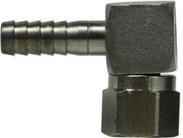 34601 by Midland | Beverage Fitting | Barb to Swivel | 3/8" Hose ID x 1/4" Female 45° Flare | 90° Elbow | Stainless Steel
