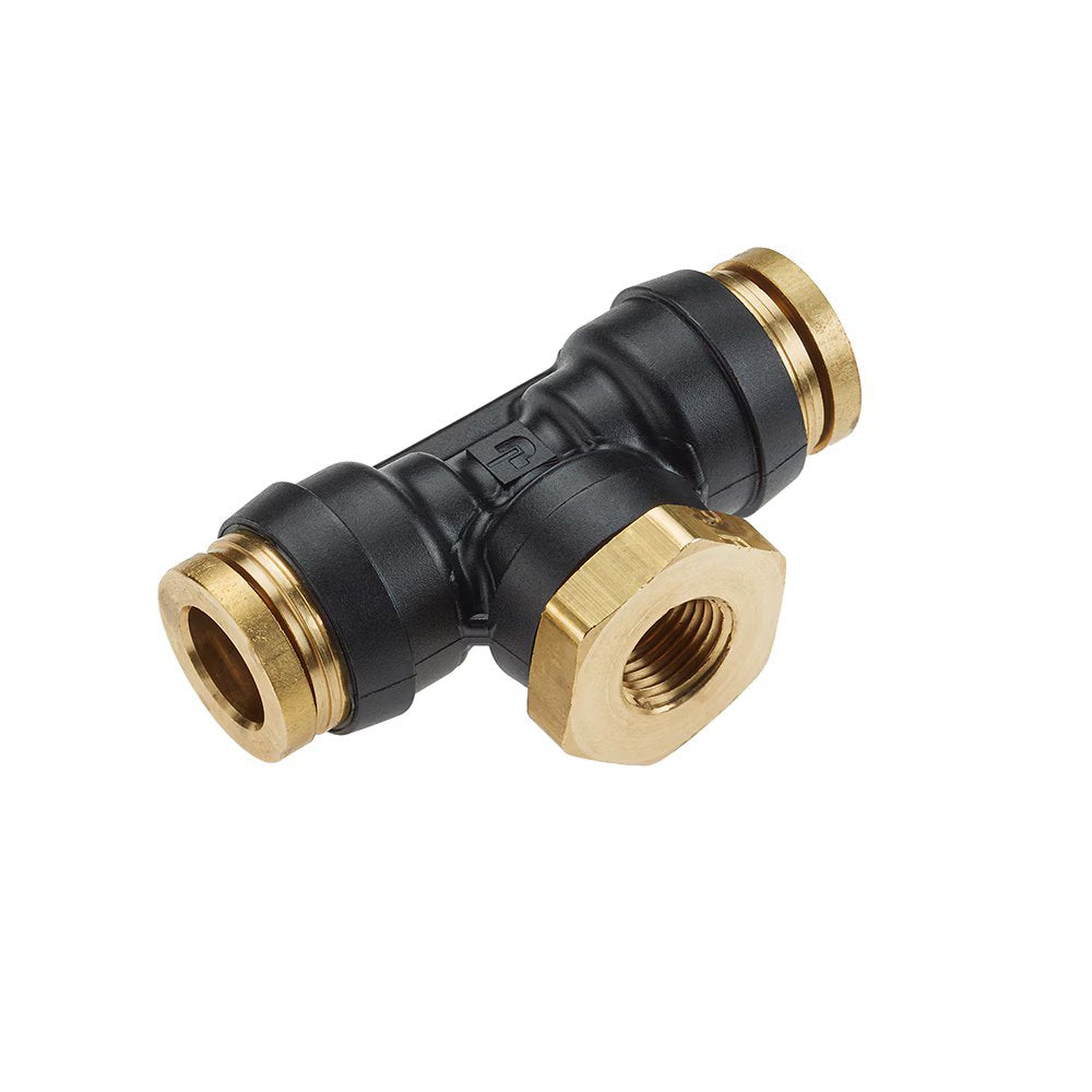 377PTCR-6-4 by Parker | Threaded Fitting | 3/8" Swivel Push-to-Connect x 1/4" Female NPT Threads | 3/4" Hex | 2.03" Length | Tee | Composite