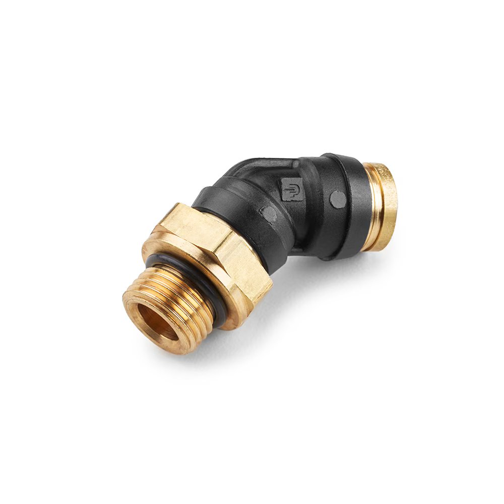379PTCR-8-MA12 by Parker | Threaded Fitting | 1/2" Rigid Swivel with M12X1.5 Male M12 Threads | 15/16" Hex | 45° Elbow | Composite