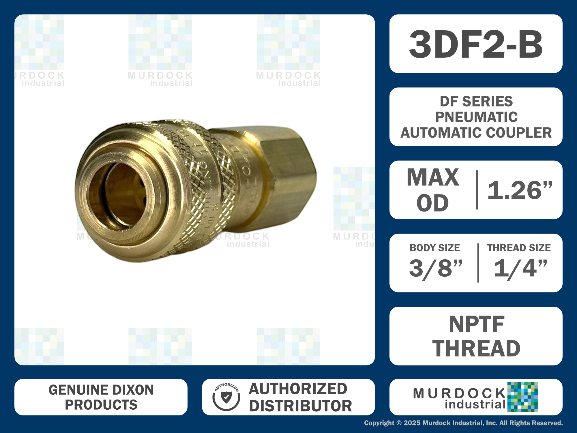 3DF2-B by Dixon Valve | Pneumatic Quick Disconnect Coupling | D-Series | 1/4" Female NPTF x 3/8" Automatic Industrial Interchange | Socket | Nitrile Seal | Brass