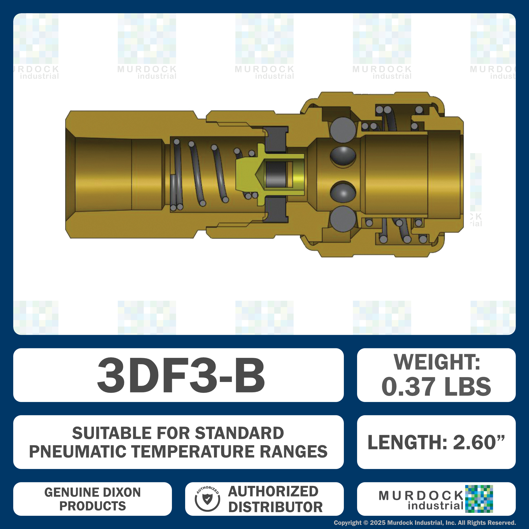 3DF3-B by Dixon Valve | Pneumatic Quick Disconnect Coupling | D-Series | 3/8" Female NPTF x 3/8" Automatic Industrial Interchange | Socket | Nitrile Seal | Brass