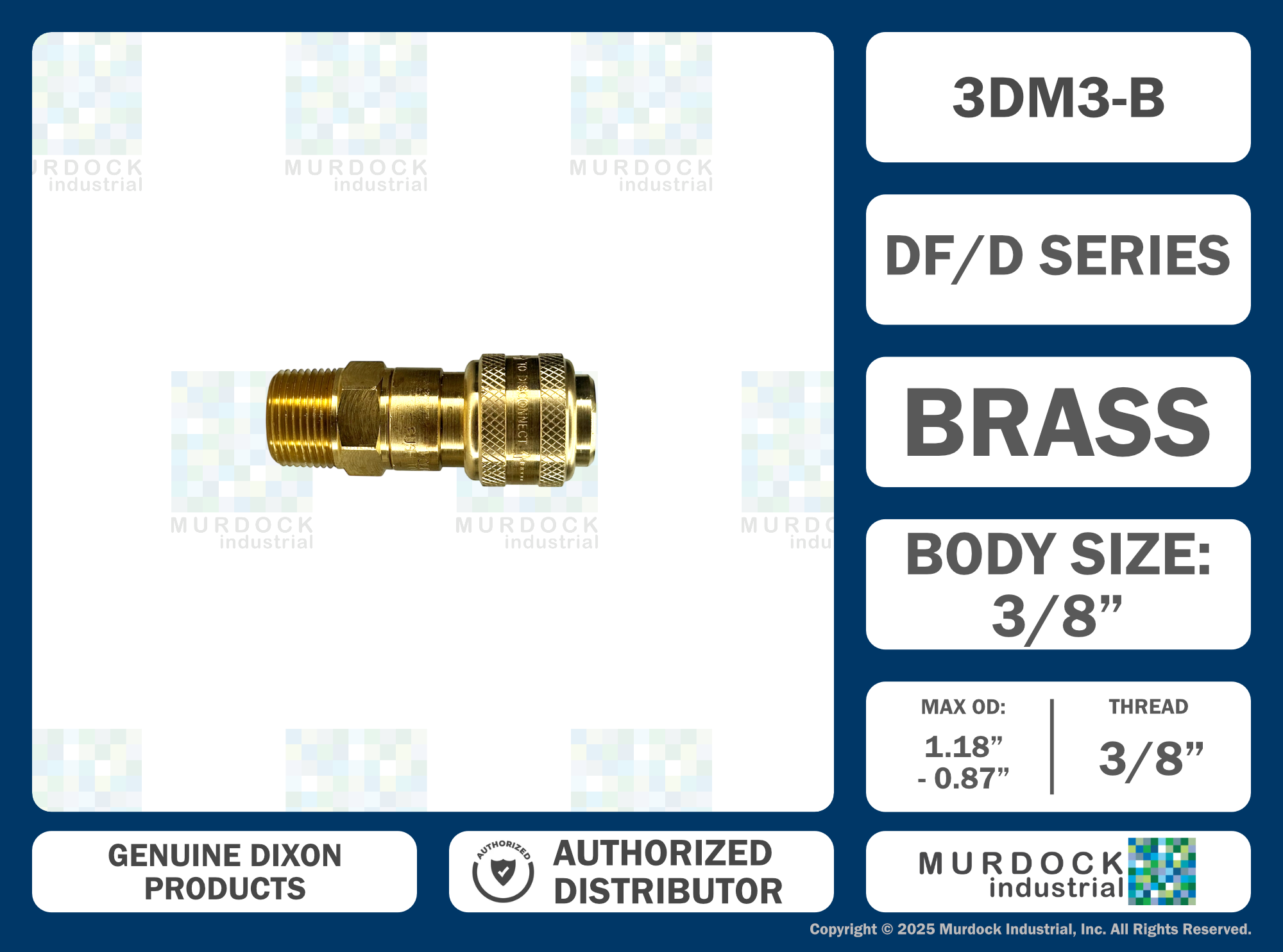 3DM3-B by Dixon Valve | Pneumatic Quick Disconnect Coupling | D-Series | 3/8" Male NPTF x 3/8" Automatic Industrial Interchange | Socket | Nitrile Seal | Brass