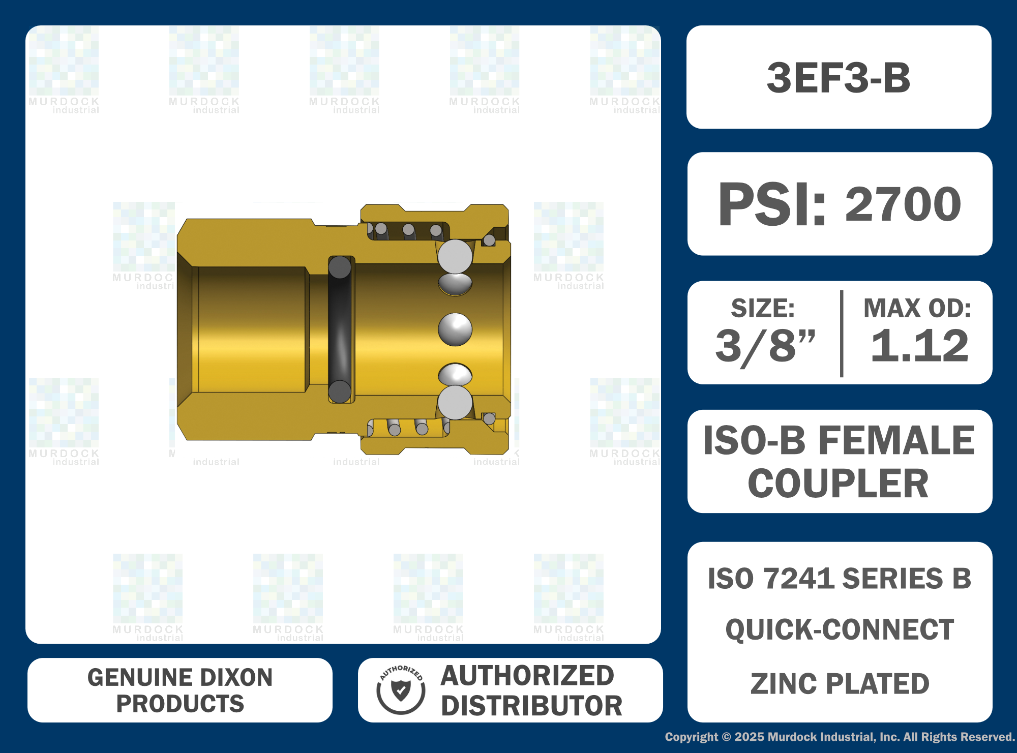 3EF3-B by Dixon Valve | Hydraulic Quick Disconnect Coupling | E-Series | 3/8" Female NPTF x 3/8" Straight-Through Interchange | Socket | Nitrile Seal | Brass