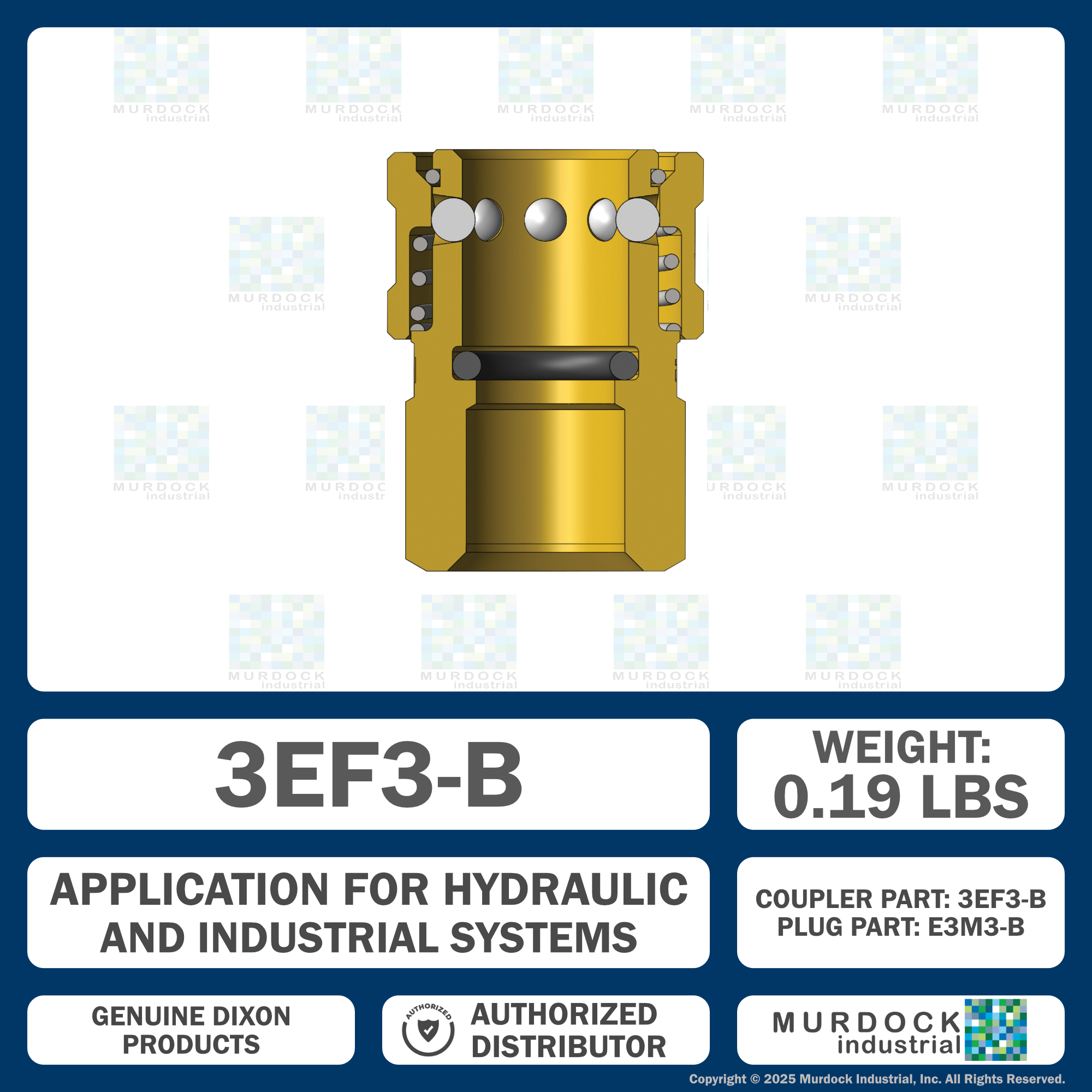3EF3-B by Dixon Valve | Hydraulic Quick Disconnect Coupling | E-Series | 3/8" Female NPTF x 3/8" Straight-Through Interchange | Socket | Nitrile Seal | Brass