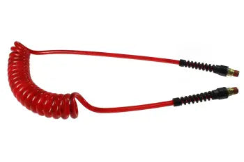 PUE14-25B-TR by Coilhose | Flexeel® Reinforced Coiled Air Hose | 1/4" Hose ID x 3/8" Hose OD | 1/4" Male NPT Swivel Reusable Strain Relief Fittings | Transparent Red | Polyurethane | 25ft