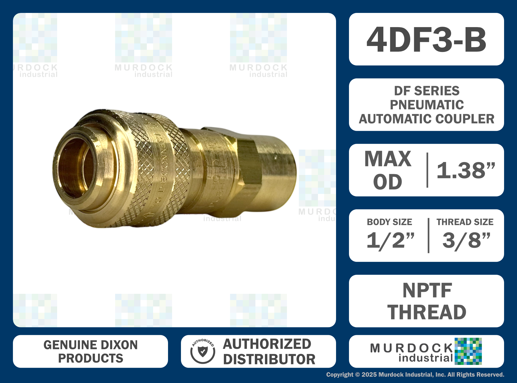 4DF3-B by Dixon Valve | Pneumatic Quick Disconnect Coupling | D-Series | 3/8" Female NPTF x 1/2" Automatic Industrial Interchange | Socket | Nitrile Seal | Brass