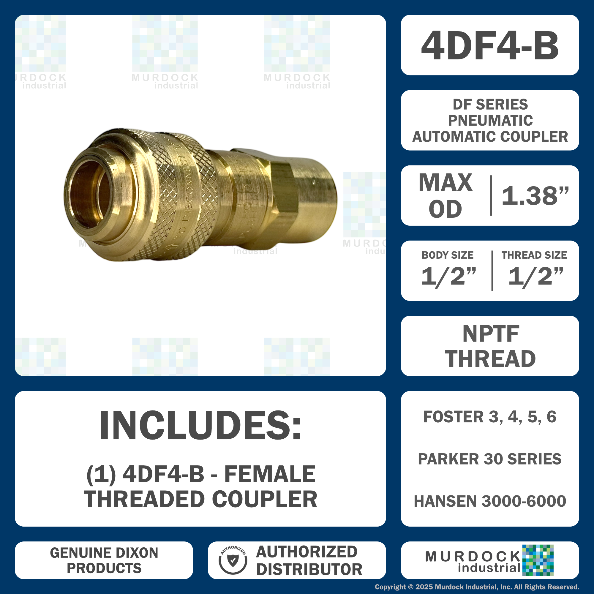 4DF4-B by Dixon Valve | Pneumatic Quick Disconnect Coupling | D-Series | 1/2" Female NPTF x 1/2" Automatic Industrial Interchange | Socket | Nitrile Seal | Brass