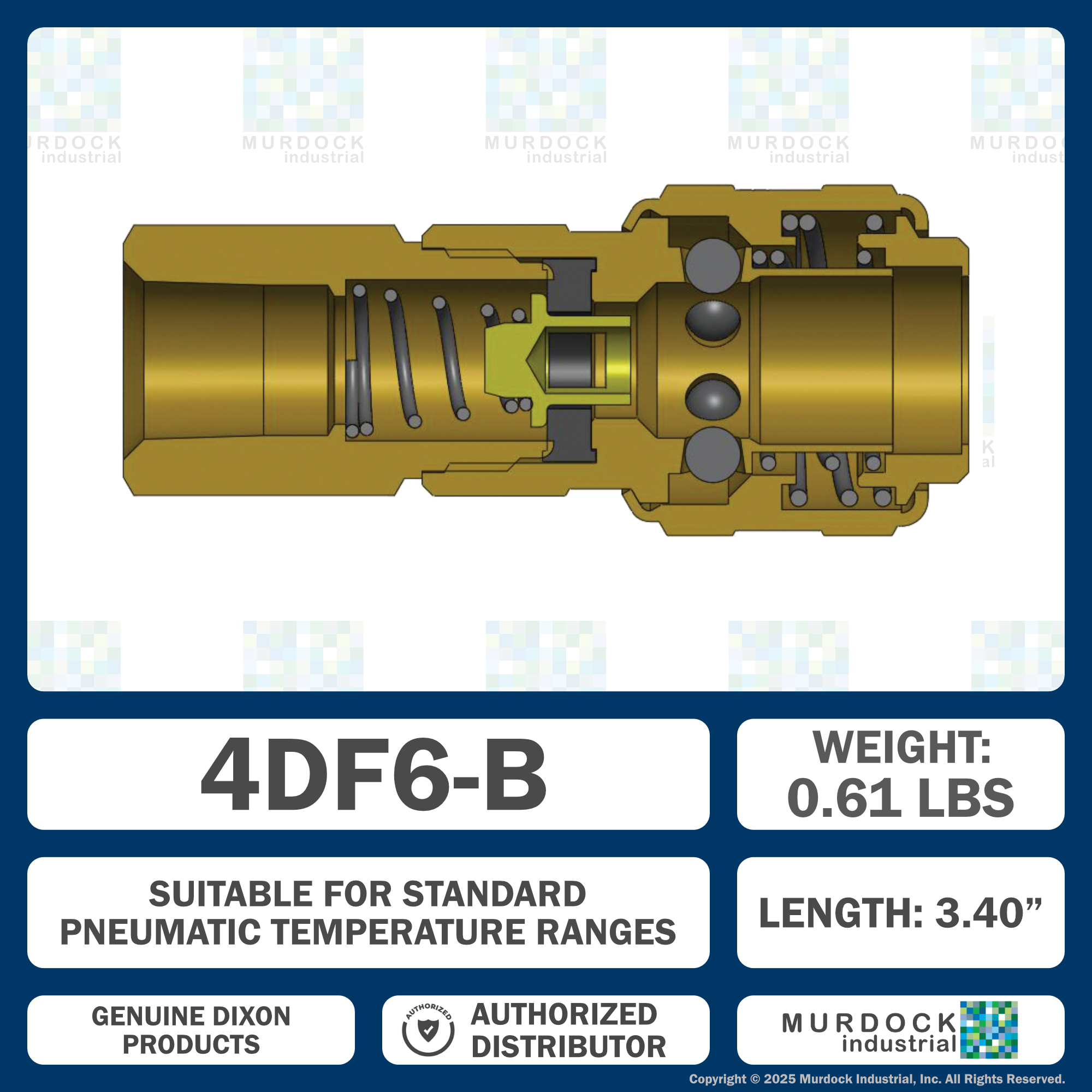4DF6-B by Dixon Valve | Pneumatic Quick Disconnect Coupling | D-Series | 3/4" Female NPTF x 1/2" Automatic Industrial Interchange | Socket | Nitrile Seal | Brass