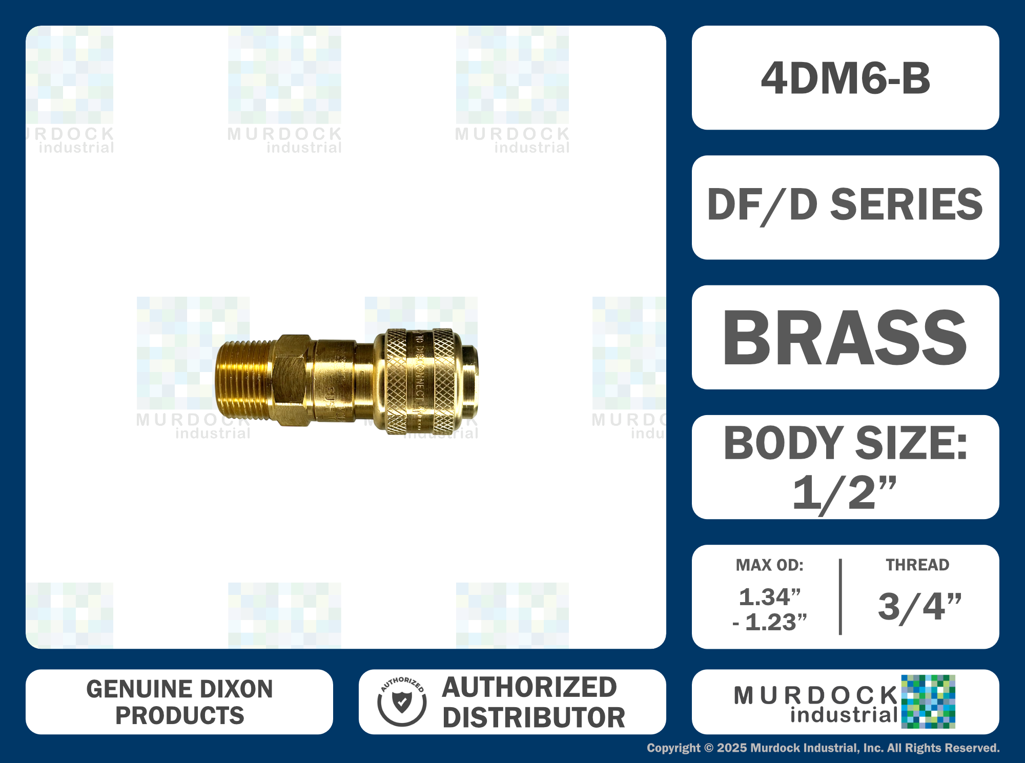 4DM6-B by Dixon Valve | Pneumatic Quick Disconnect Coupling | D-Series | 3/4" Male NPTF x 1/2" Automatic Industrial Interchange | Socket | Nitrile Seal | Brass