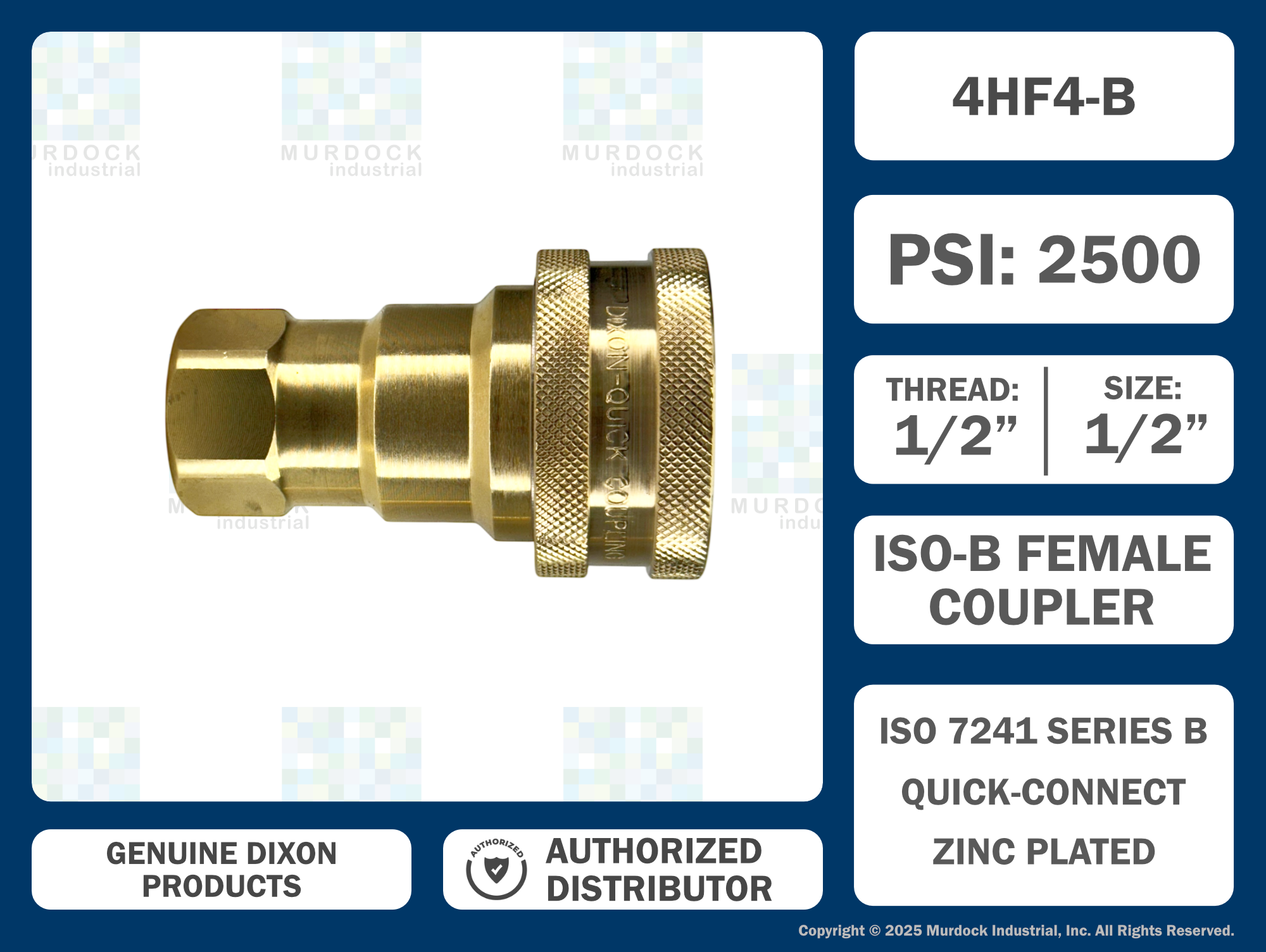 4HF4-B by Dixon Valve | Hydraulic Quick Disconnect Coupling | H-Series | 1/2" Female NPTF x 1/2" ISO-B Interchange | Socket | Nitrile Seal | Brass