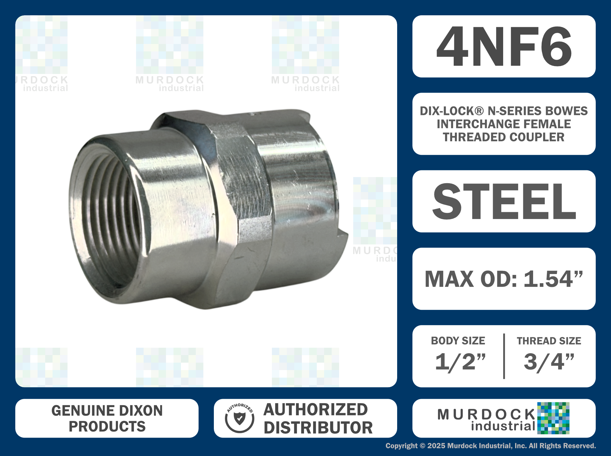 4NF6 by Dixon Valve | Pneumatic Quick Disconnect Coupling | Dix-Lock® N-Series | 3/4" Female NPTF x 1/2" Body Size | Socket | Nitrile Seal | Steel