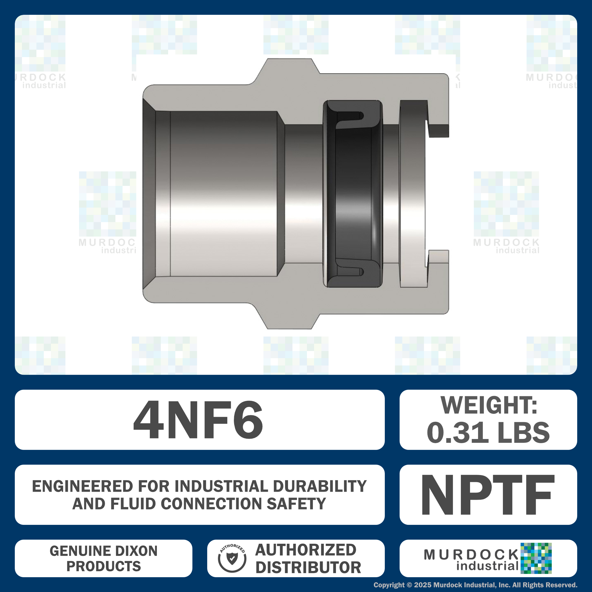4NF6 by Dixon Valve | Pneumatic Quick Disconnect Coupling | Dix-Lock® N-Series | 3/4" Female NPTF x 1/2" Body Size | Socket | Nitrile Seal | Steel