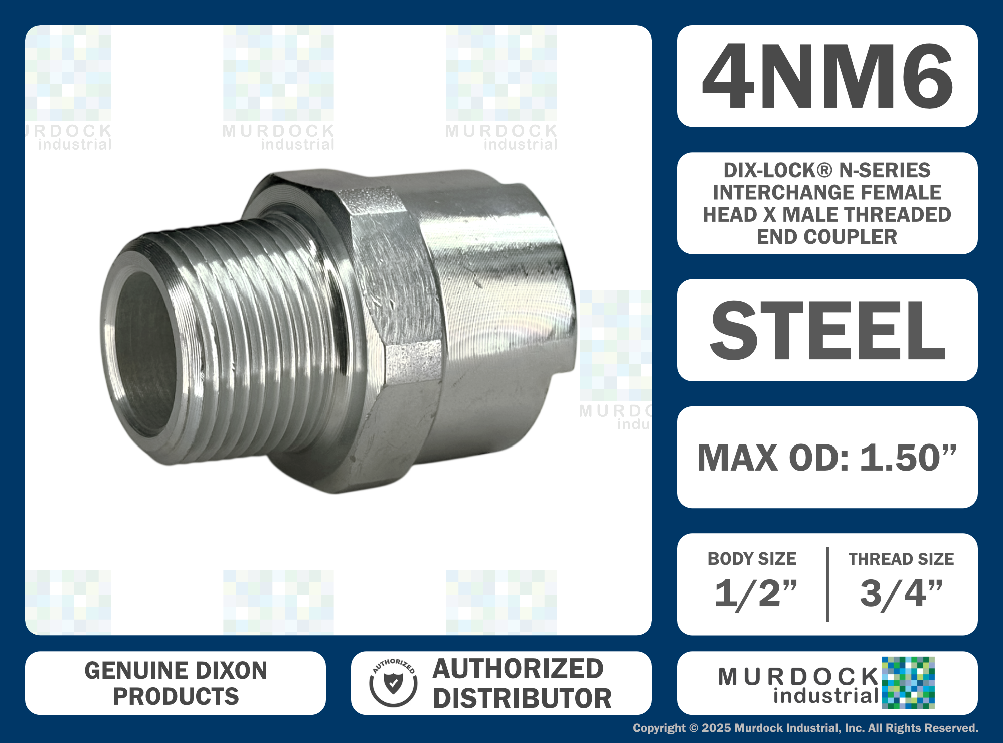 4NM6 by Dixon Valve | Pneumatic Quick Disconnect Coupling | Dix-Lock® N-Series | 3/4" Male NPTF x 1/2" Body Size | Socket | Nitrile Seal | Steel