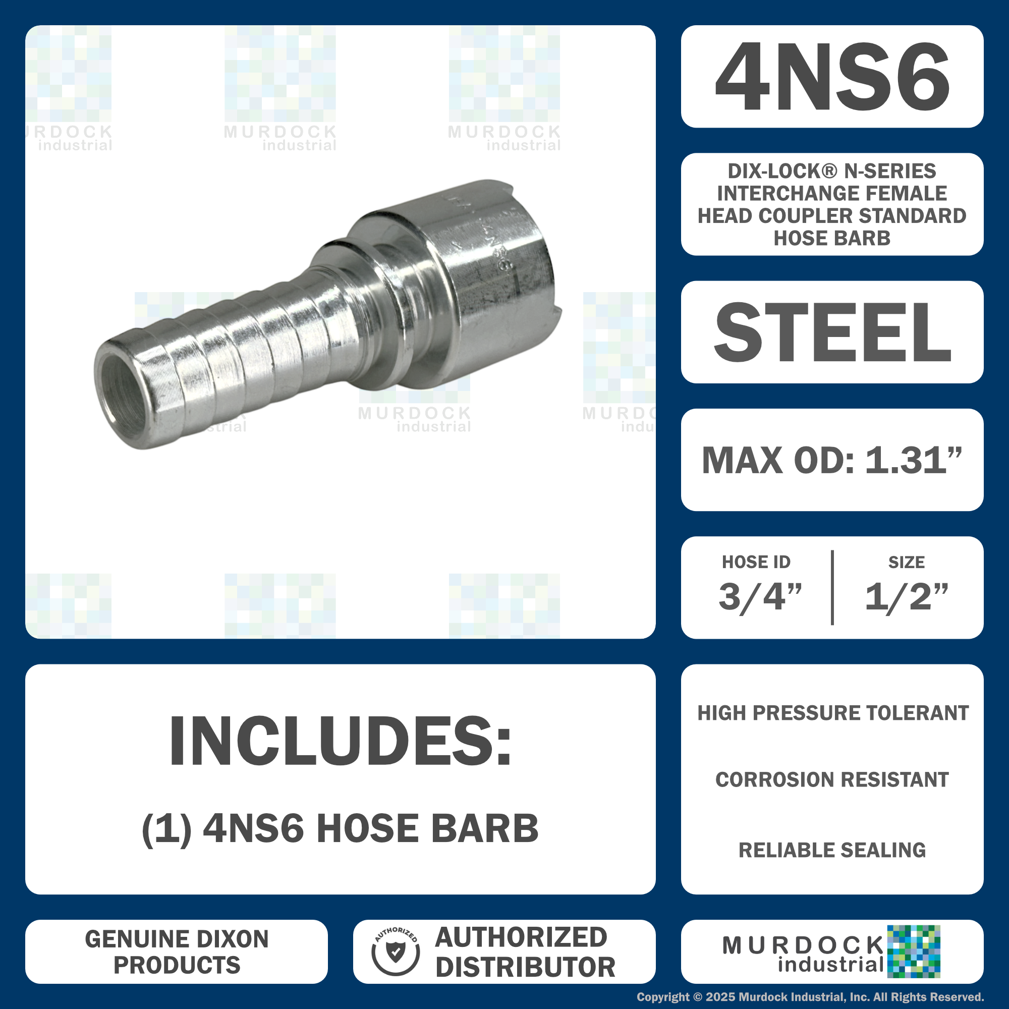 4NS6 by Dixon Valve | Pneumatic Quick Disconnect Coupling | Dix-Lock® N-Series | Hose Barb | 3/4" Hose ID x 1/2" Body Size | Socket | Nitrile Seal | Steel