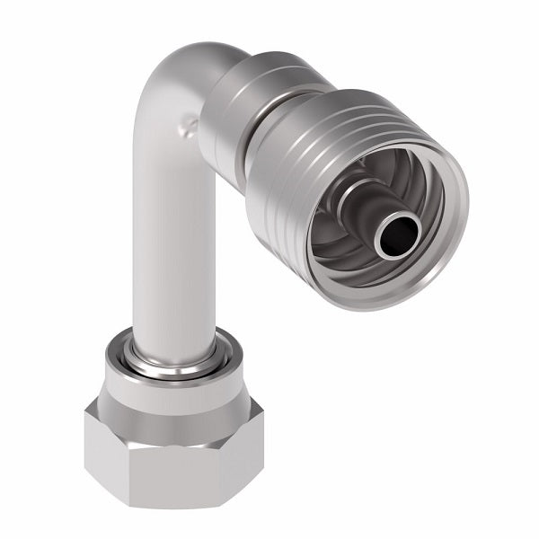 4SA8FRC6 Aeroquip by Danfoss | 4 Wire 4S Female ORS Swivel 90° Long Drop Elbow (FRC) Crimp Fitting | -08 Female O-Ring Face Seal Swivel x -06 Hose Barb | Steel