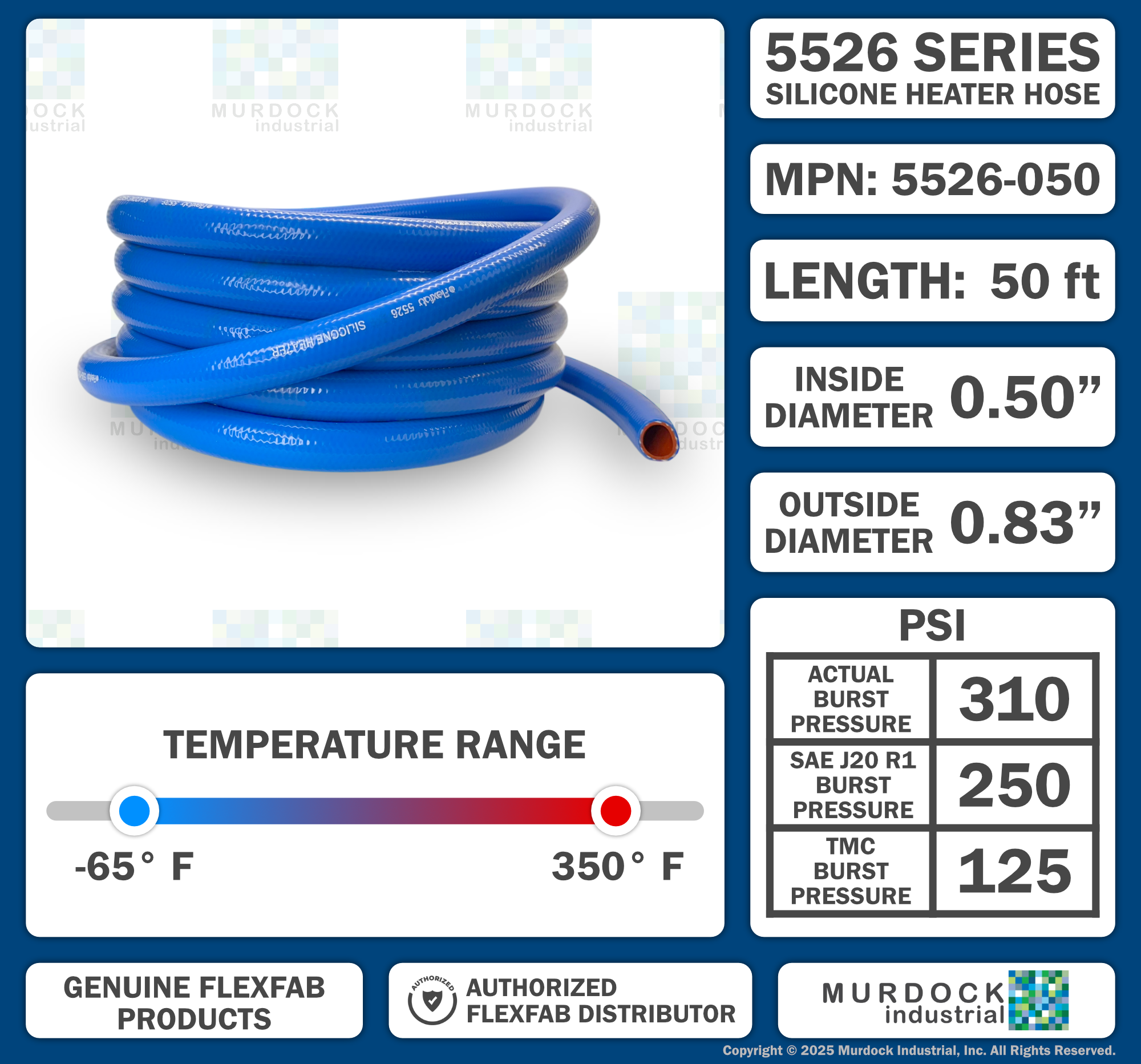 5526-050x50 by FlexFab | Series 5526 | 1-ply Standard Heater Hose | 0.50" ID | 0.83" OD | Blue | 50ft Boxes