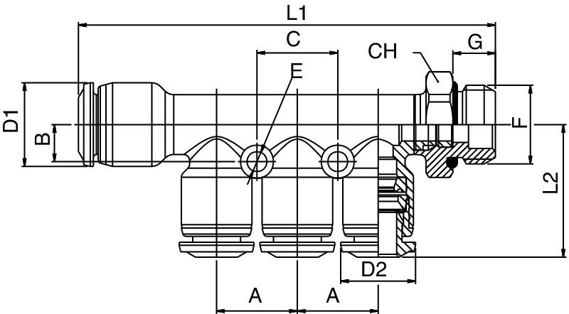 55365-10-6-3/8 by AIGNEP | 55/56 Series | Reducing Manifold | 10mm Tube x 6mm Tube x 3/8" Male BSPP | Pack of 10