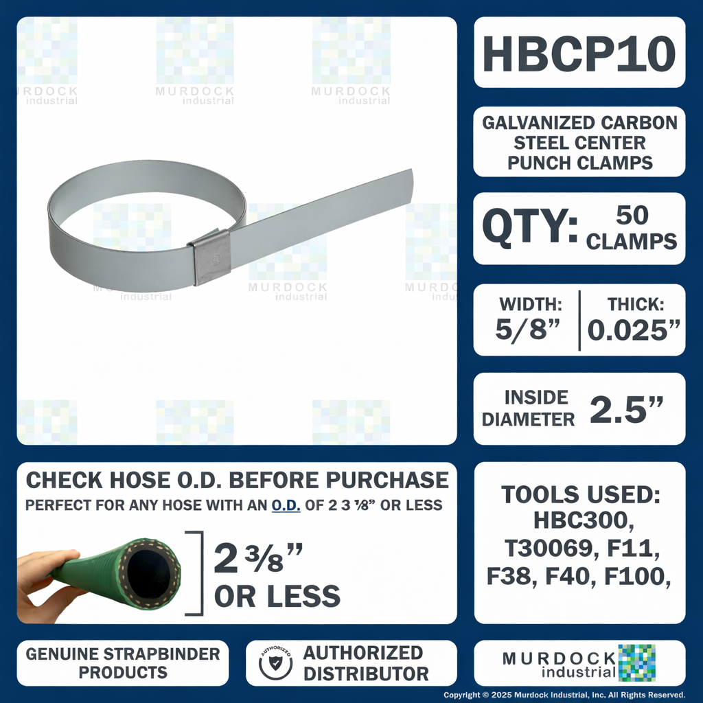 HBCP10 by Strapbinder | Center Punch Clamp | 2-1/2" ID | 5/8" Width | .027" Thickness | Galvanized Carbon Steel | Box of 50
