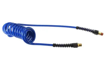 PU38-20A-B by Coilhose | Flexcoil Air Hose | 3/8" Hose ID x 9/16" Hose OD | 3/8" Male NPT Rigid & Swivel Strain Relief Fittings | Blue | Polyurethane | 20ft