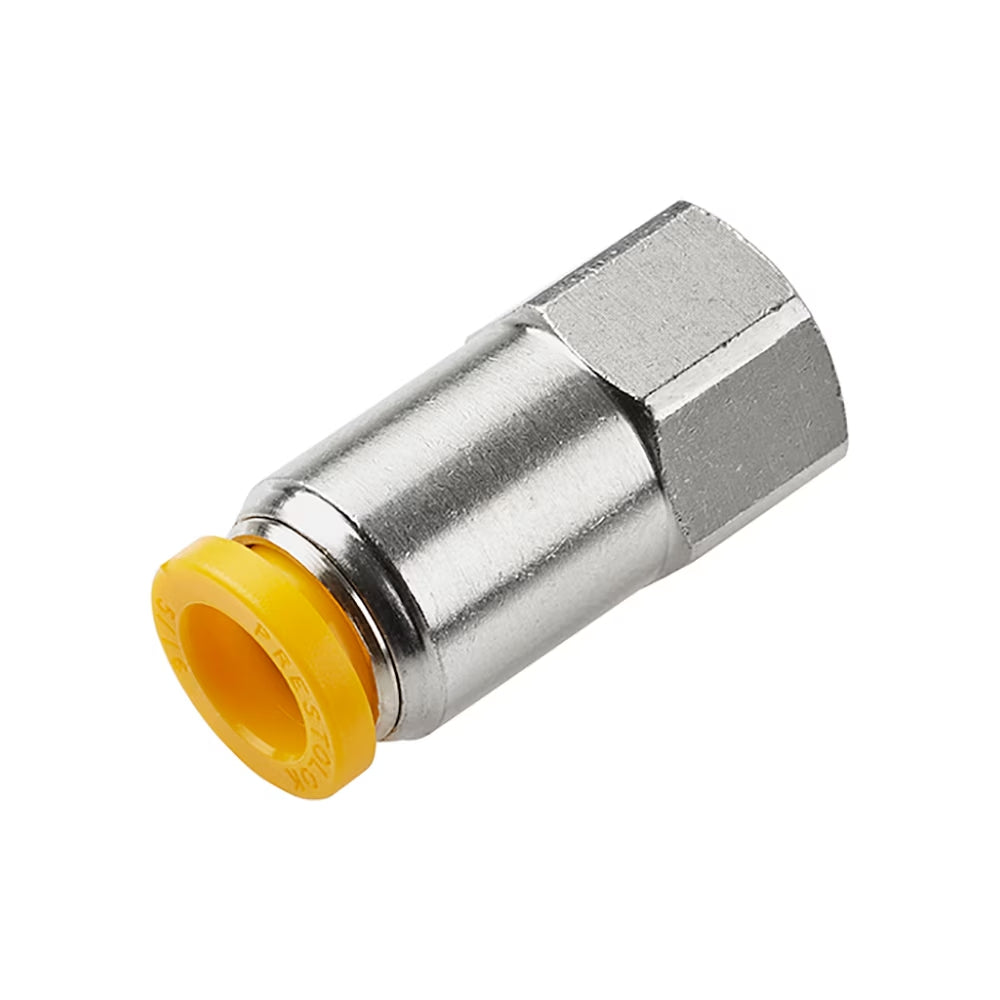 66PLP-8M-4G by Parker | Prestolok PLP Push-to-Connect Fittings | Threaded Fitting | 8mm Connector x 1/4" Female BSPP Thread | 11/16" Hex | 40.46mm Length | 6.350mm Flow Dia. | Straight | Nickel-Plated Brass | Pack of 10