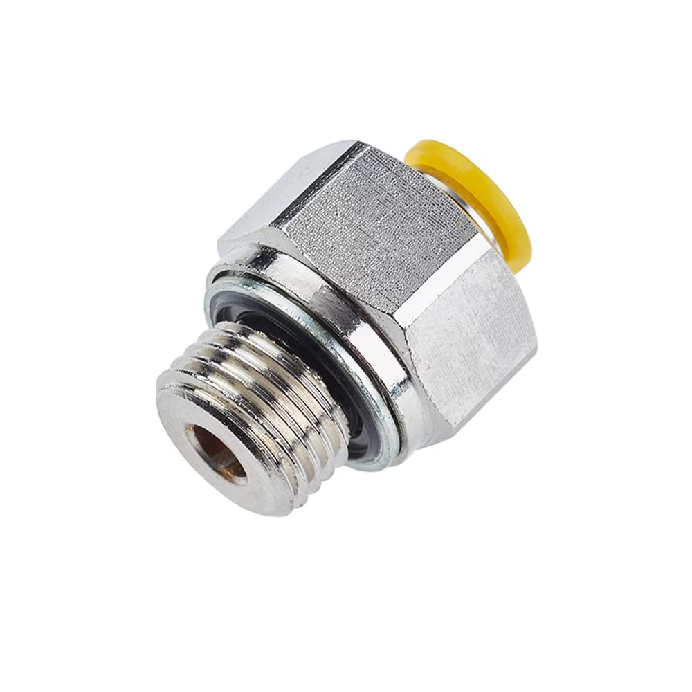 68PLP-10M-6G by Parker | Prestolok PLP Push-to-Connect Fittings | Threaded Fitting | 10mm Connector x 3/8" Male BSPP Thread | 7/8" Hex | 26.80mm Length | 7.925mm Flow Dia. | Straight | Nickel-Plated Brass | Pack of 10
