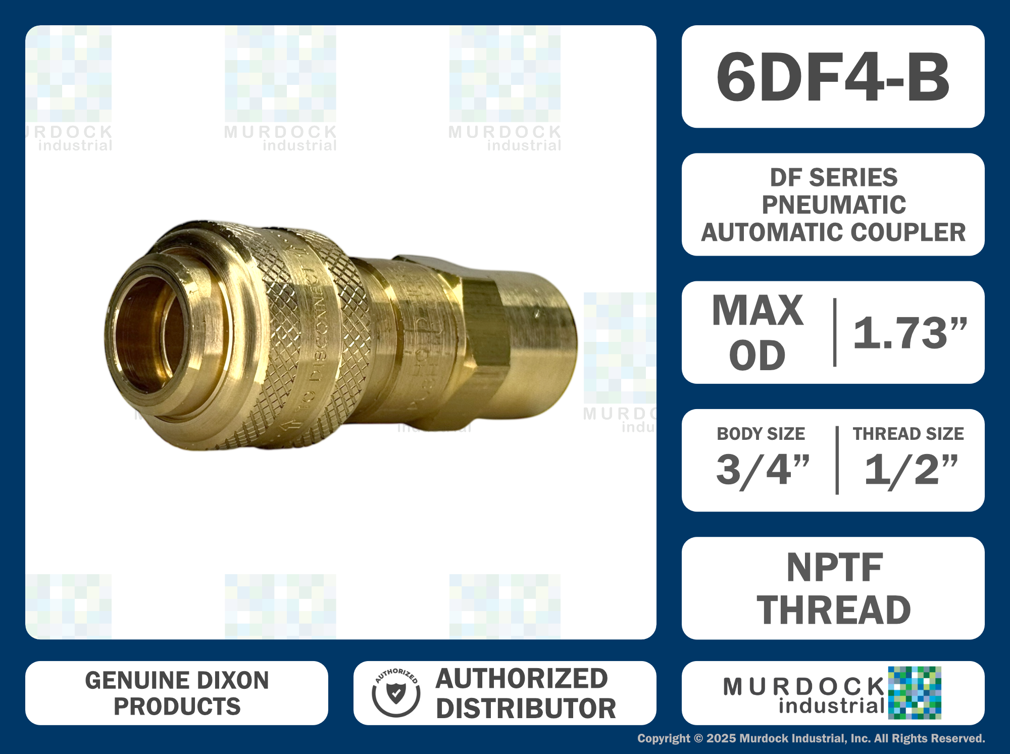 6DF4-B by Dixon Valve | Pneumatic Quick Disconnect Coupling | D-Series | 1/2" Female NPTF x 3/4" Automatic Industrial Interchange | Socket | Nitrile Seal | Brass