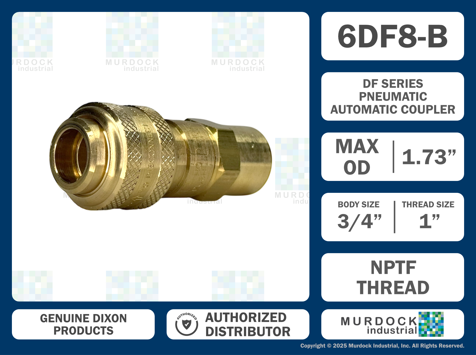 6DF8-B by Dixon Valve | Pneumatic Quick Disconnect Coupling | D-Series | 1" Female NPTF x 3/4" Automatic Industrial Interchange | Socket | Nitrile Seal | Brass