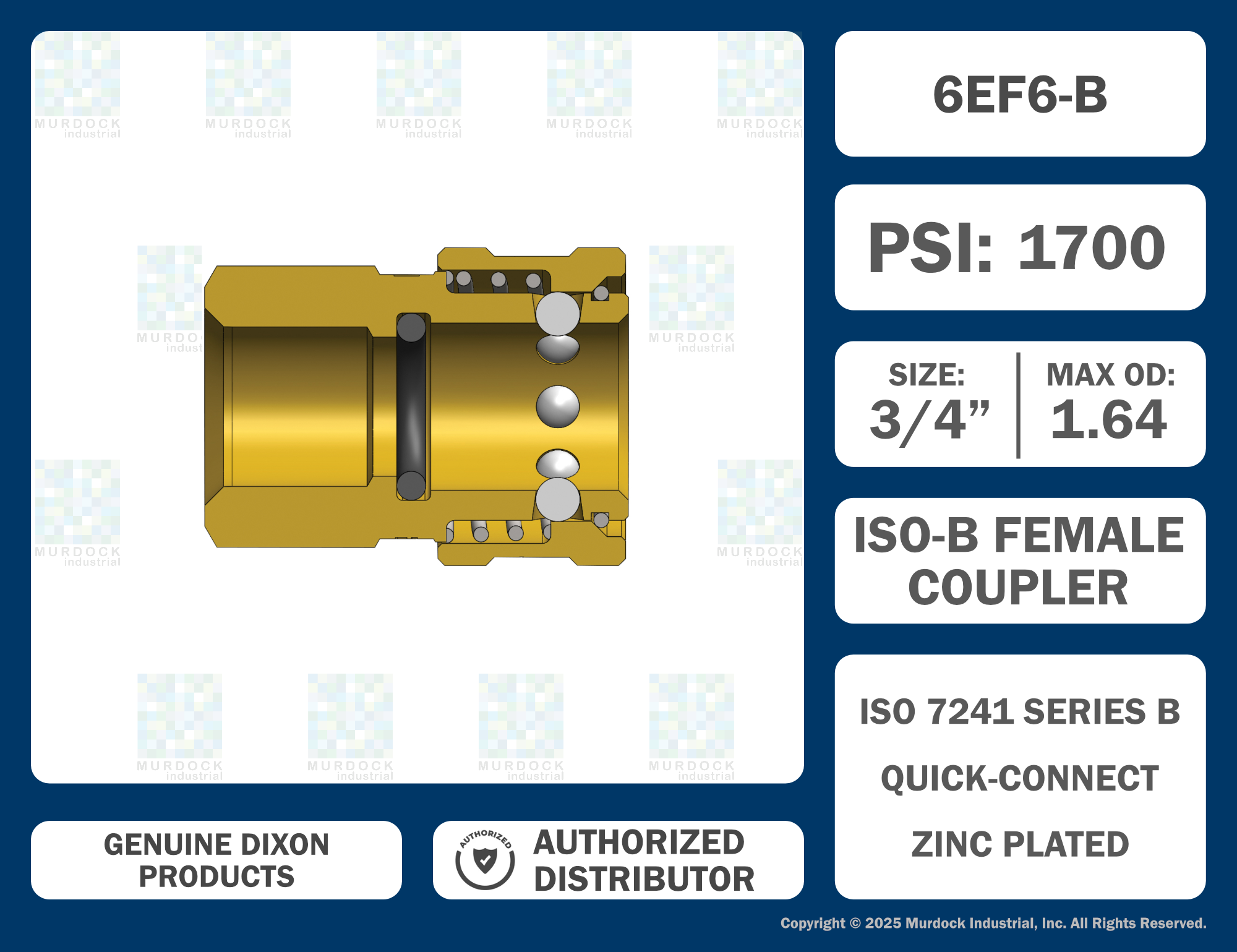 6EF6-B by Dixon Valve | Hydraulic Quick Disconnect Coupling | E-Series | 3/4" Female NPTF x 3/4" Straight-Through Interchange | Socket | Nitrile Seal | Brass