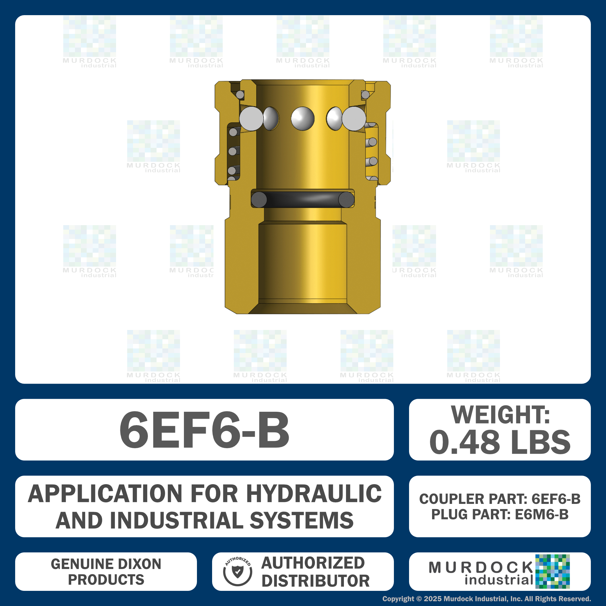 6EF6-B by Dixon Valve | Hydraulic Quick Disconnect Coupling | E-Series | 3/4" Female NPTF x 3/4" Straight-Through Interchange | Socket | Nitrile Seal | Brass
