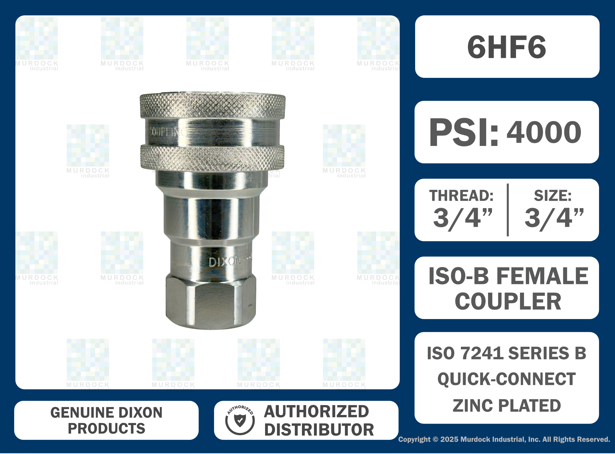 6HF6 by Dixon Valve | Hydraulic Quick Disconnect Coupling | H-Series | 3/4" Female NPTF x 3/4" ISO-B Interchange | Socket | Nitrile Seal | Steel